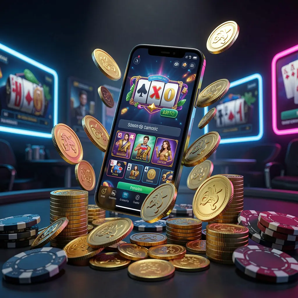 Banner promosi aplikasi kasino online 666SN menampilkan ponsel yang melayang di atas koin emas dan keping poker dengan latar belakang biru tua dan hitam serta cahaya neon sinematik dalam render 3D realistis