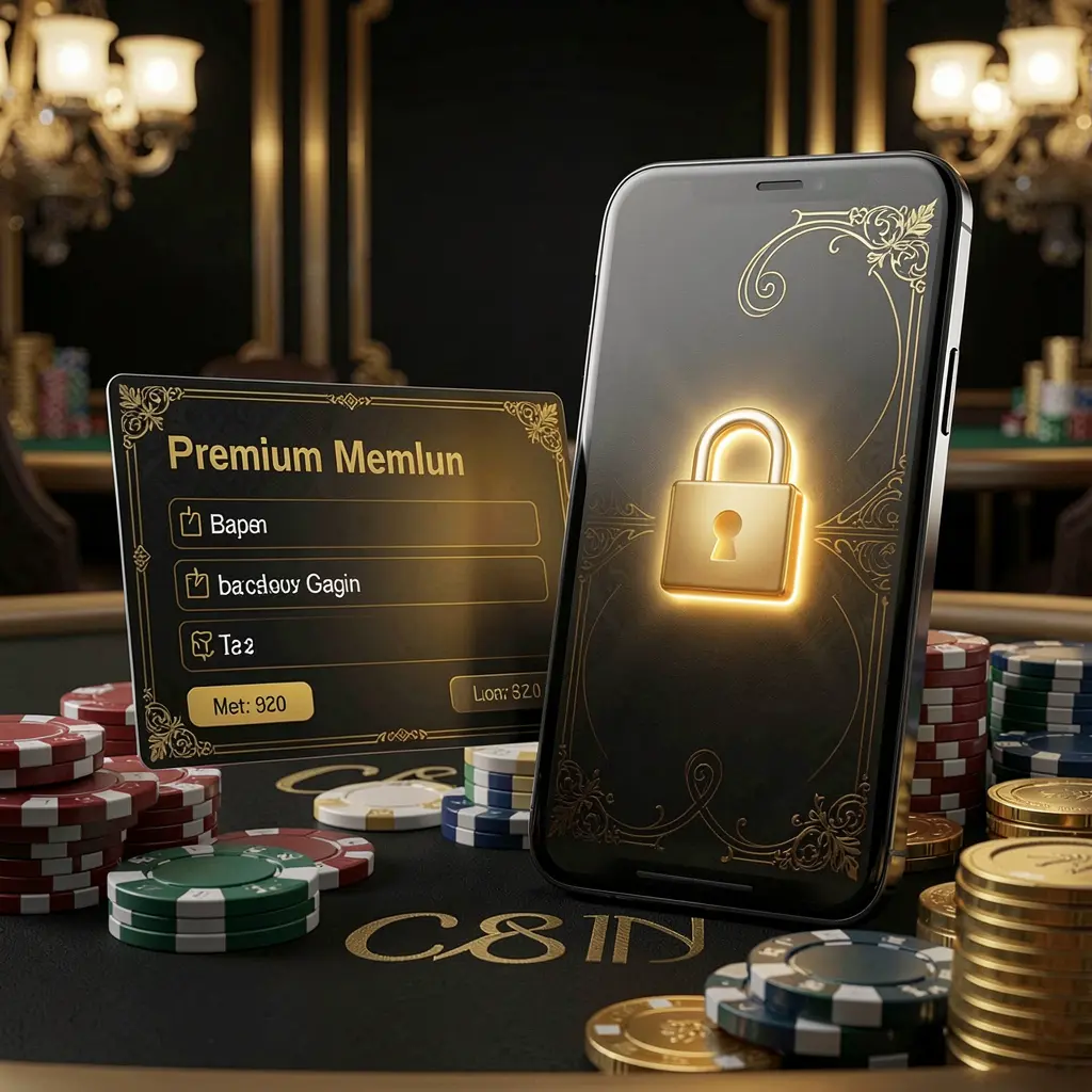 Kartu keanggotaan kasino premium 666SN di samping ponsel pintar dengan simbol kunci bercahaya, keping poker dan koin pada latar belakang mewah hitam dan emas