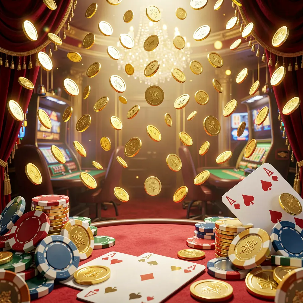 Banner beranda platform permainan online 666SN menampilkan lampu kasino terang, hujan koin emas, keping poker dan kartu remi dalam suasana mewah merah dan emas dengan render 3D sangat detail